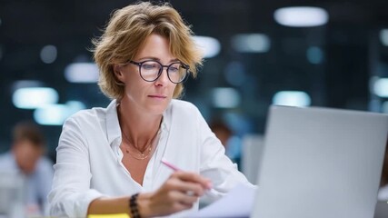 Focused Professional: A woman absorbed in her work, diligently reviewing documents and utilizing a laptop, showcasing dedication and commitment in a professional setting.