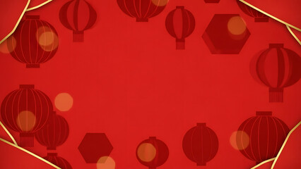 Vibrant red background adorned with traditional Asian lanterns and auspicious envelopes, creating a festive and celebratory atmosphere perfect for cultural events and greetings