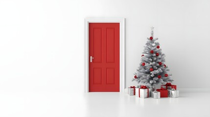 A bright red closed door stands next to a decorated Christmas tree with silver ornaments and gifts creating a festive holiday scene in a minimalist white room perfect for seasonal promotions and winte