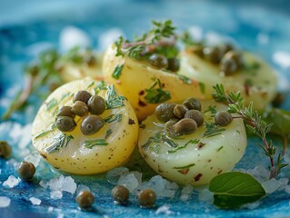 Herbed Potatoes with Capers on Blue Plate