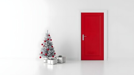 Festive silver Christmas tree adorned with red ornaments and wrapped gift boxes standing beside a vibrant red door in a minimalist white room symbolizing holiday greetings and seasonal celebrations