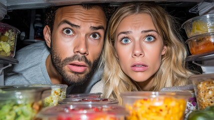 Surprised Couple Peering into Fridge