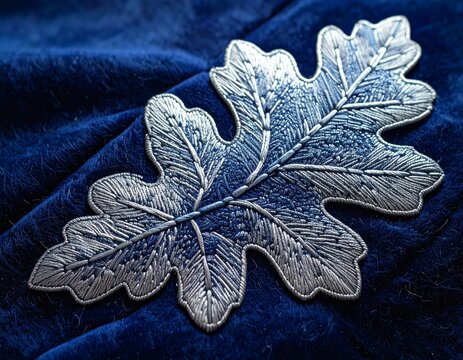 Silver Oak Leaf Brooch on Blue Velvet Fabric.