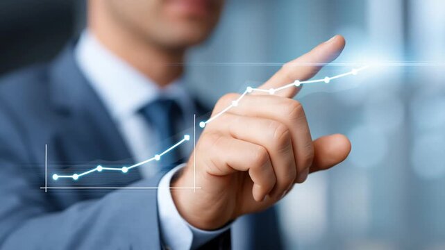 Executive in a suit points at a rising financial graph on a transparent screen. the line climbs step by step and markers appear as the finger tracks the curve to highlight growth.