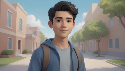 Animated teen boy in a town setting