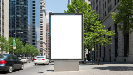 Blank advertising billboard mockup on a bustling city street sidewalk, offering prime outdoor display space for your brand's promotional message or commercial content in an urban setting