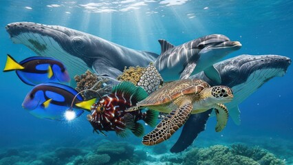 Underwater Life Featuring Whales Dolphins and Sea Turtles