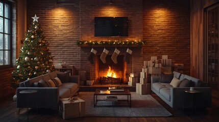 Cozy living room with Christmas tree and fireplace in warm golden lighting on rustic brick background for holiday interior design