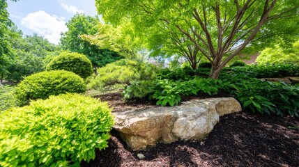 Garden landscape with trees and shrubs in a sunny outdoor setting