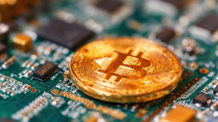 Close view of a bitcoin on a circuit board showing digital technology