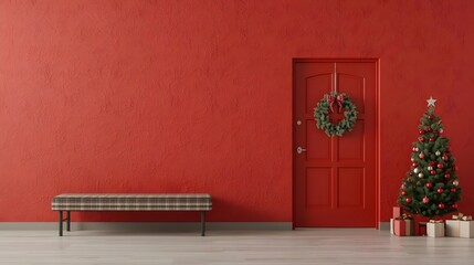Christmas tree with presents and red door with wreath in minimalist red room with bench in soft natural lighting for holiday decor