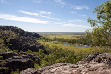 Scenic view of lush valley and rocky cliffs under clear blue sky