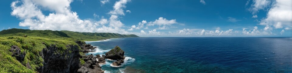 Panoramic view of rocky coastline and blue ocean under cloudy sky