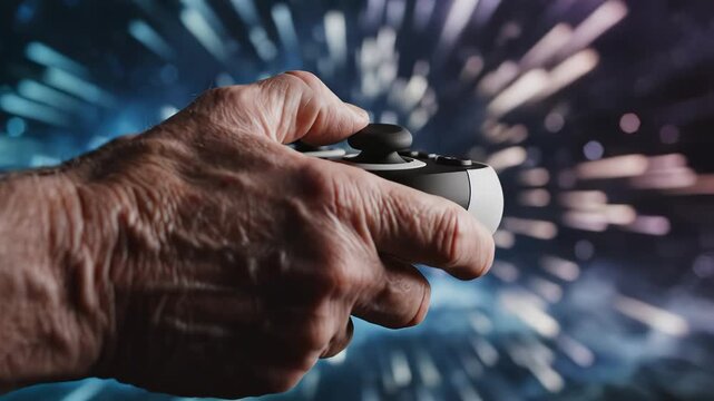 Elderly hand holding game controller