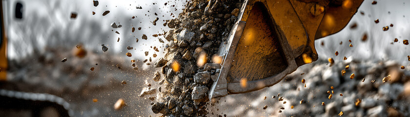 Close-up of The excavator's bucket is dumping soil and rocks