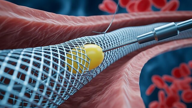 Medical illustration of a stent being deployed within a blood vessel