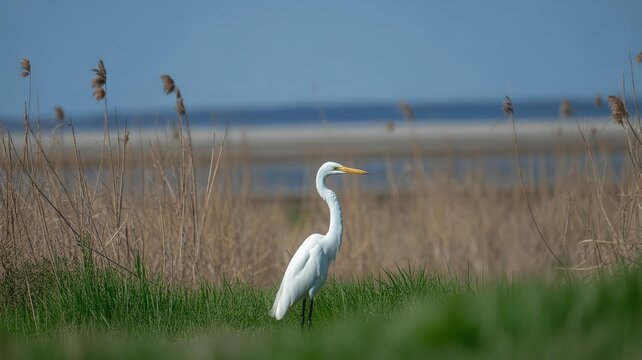 Elegant great egret standing gracefully within a serene wetlands habitat under a clear blue sky, showcasing its brilliant white plumage, long neck and sharp yellow beak
