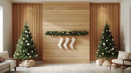 Christmas trees in modern living room with wooden wall and cozy decor in soft warm lighting for home interior