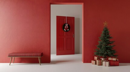 Christmas Tree with Presents in Minimalist Red Room with Wreath on Door in Soft Natural Lighting for Holiday Decor