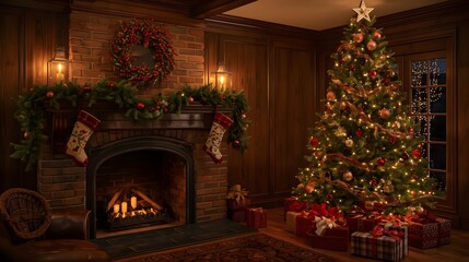 Cozy Christmas fireplace with decorated tree in warm golden lighting for home decor