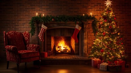 Cozy Christmas fireplace with lit tree and red armchair in warm golden lighting for holiday decor