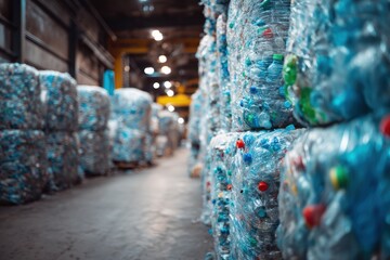Interior of Recycling Facility with Bundled Crushed Plastic Bottles in Rows