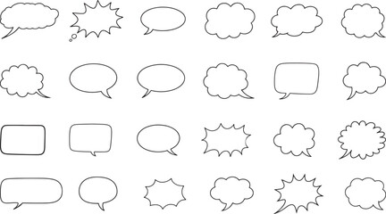 Black Speech and Thought Bubble Line Art Icon Set with Comic Style Dialogue Shapes and Expression Frames