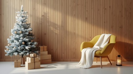 Cozy Christmas Tree with Yellow Armchair in Warm Wooden Room with Soft Lighting for Home Decor