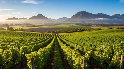 Naklejka premium A breathtaking aerial view of lush green vineyard rows stretching toward majestic blue mountains under a clear morning sky.
