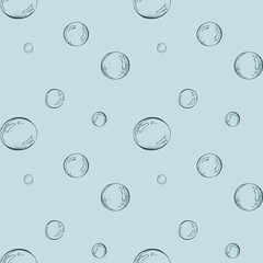 Underwater bubbles seamless pattern. Graphic line art hand drawn illustration of air or water droplet for marine life and sea creative design on a blue background