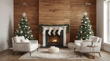 Cozy living room with Christmas trees and fireplace in warm golden lighting on wooden wall background for home decor