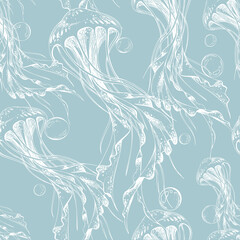 Seamless underwater pattern with white hand drawn jellyfish and water bubbles on a blue background. Marine animal graphic hand drawn illustration for fabric, wallpaper, summer products.