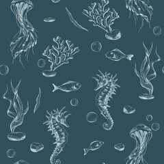Navy blue seamless pattern with jellyfish, seahorses, corals, and fish. Hand-drawn underwater marine life illustration for backgrounds and wallpapers. Outline graphic on a navy blue