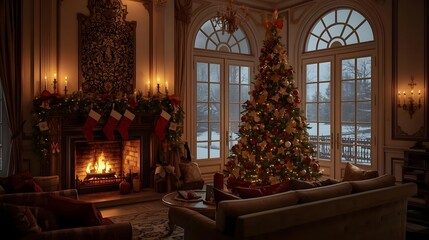 Luxurious living room decorated for Christmas with a glowing fireplace stockings hung and a beautifully lit tree creating a cozy and festive atmosphere for holiday celebrations perfect for winter home