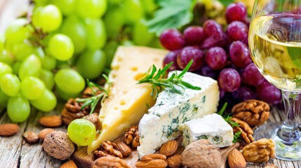 Cheese, grapes, nuts, and wine on wooden table during gathering