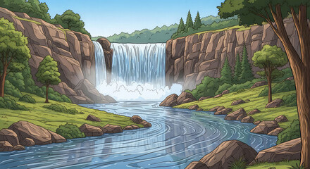 Serene landscape with waterfall flowing into river surrounded by rocks trees