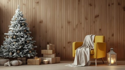 Cozy winter holiday scene with a frosted Christmas tree stacked gift boxes and a warm yellow armchair draped with a soft blanket illuminated by a vintage lantern perfect for festive greetings and seas