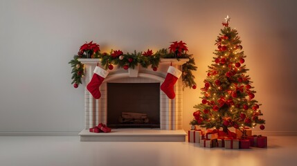 Cozy Christmas scene with a decorated fireplace and glowing Christmas tree festive holiday home interior with stockings and gifts perfect for seasonal greetings and winter celebrations