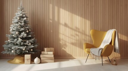 Festive Christmas tree decorated with ornaments and gifts cozy armchair with blanket warm interior with natural light and wood paneling perfect for holiday season greetings and winter home decor