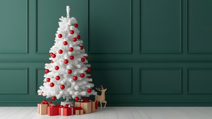 A minimalist white Christmas tree adorned with red baubles and gift boxes accompanied by a small reindeer decoration set against a deep green paneled wall perfect for holiday marketing and festive gre