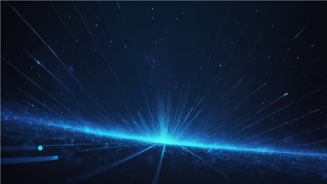 An abstract blue universe background features a bright digital galaxy with glowing stars, energy flares, and a nebula flash across the dark night sky