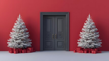 Festive Christmas trees adorned with snow and surrounded by gift boxes symmetrically placed on either side of a grand dark gray double door set against a vibrant red wall creating a welcoming holiday 