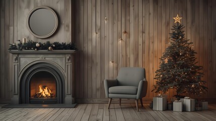 Cozy Christmas living room scene with a lit fireplace decorated evergreen tree and comfortable armchair perfect for holiday greetings and seasonal promotions warm and inviting atmosphere