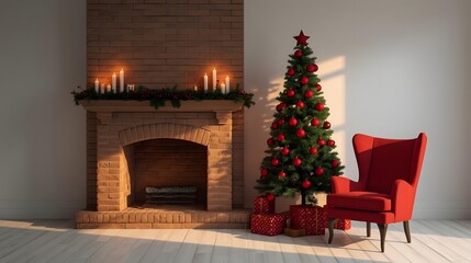 Cozy Christmas scene with a decorated evergreen tree glowing fireplace festive red armchair and wrapped gifts creating a warm and inviting holiday atmosphere for seasonal promotions and interior desig