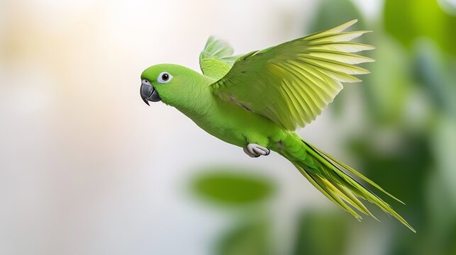Dynamic image of vibrant green parakeet flying through sunlight and dense foliage