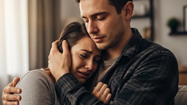 Couple hugging, authentic emotional moment of reconciliation indoors.