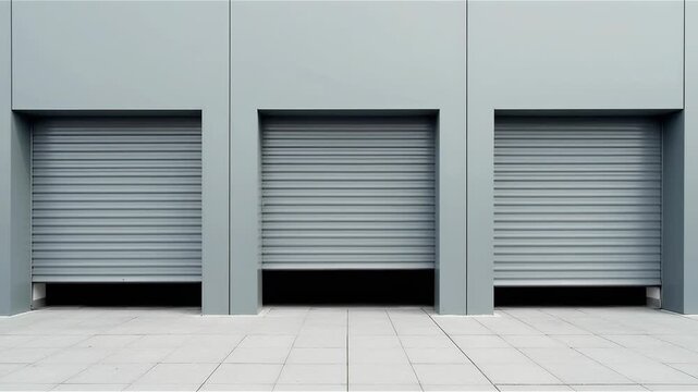 Three identical gray roller shutter doors on modern commercial building exterior, clean concrete pavement, minimalistic urban architecture 
