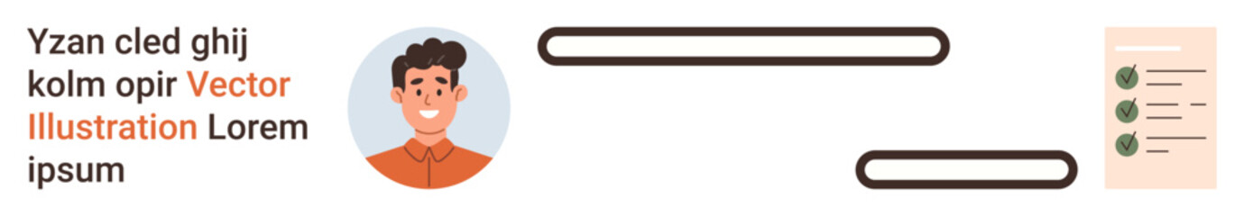 Web interface, profile design, user info, search bar, document management, UI concept. Smiling man portrait, text search inputs and checklist. Profile design and document management concept