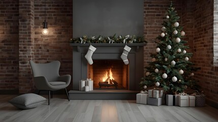 Cozy Christmas living room scene with a glowing fireplace decorated evergreen tree stockings hung and gift boxes creating a warm holiday atmosphere for festive celebrations and winter home decor