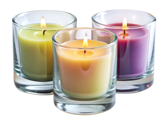 Three lit wax candles in glass holders isolated on a transparent background image